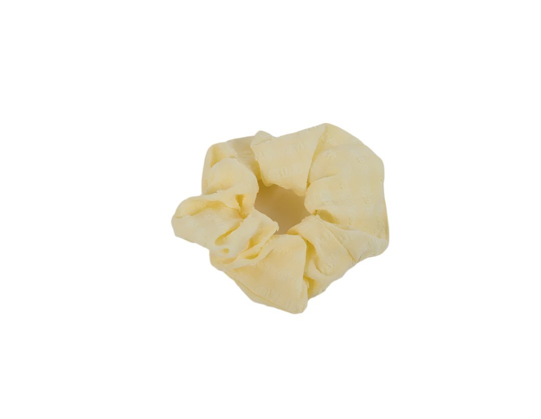 Fabric hair scrunchie, pale yellow ruched fabric with gathered loops