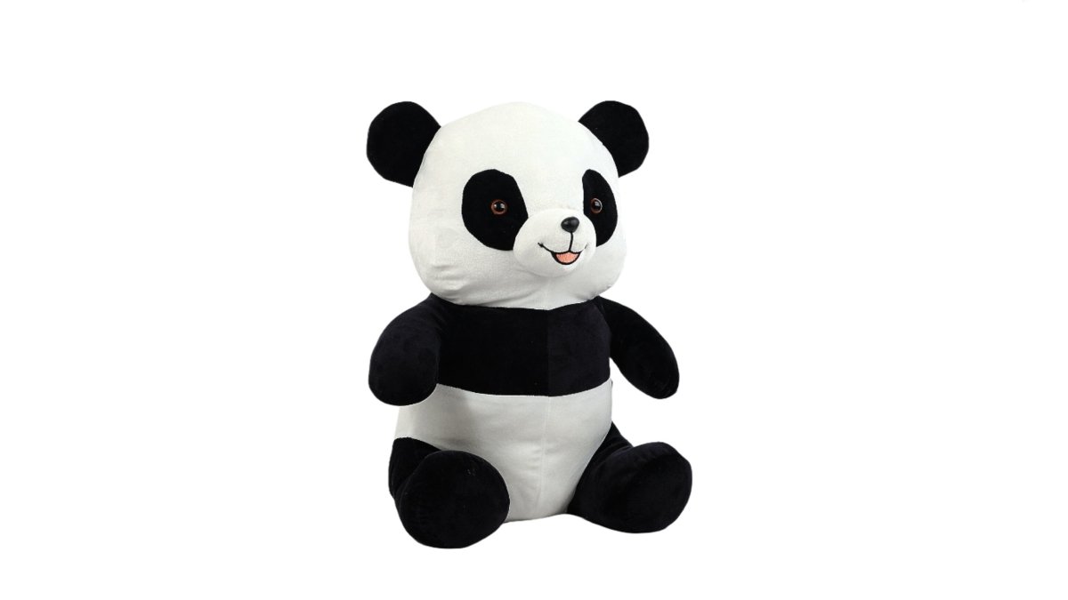 Black-and-white panda plush toy, front view with round ears and stitched smile