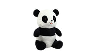 Black-and-white panda plush toy, front view with round ears and stitched smile