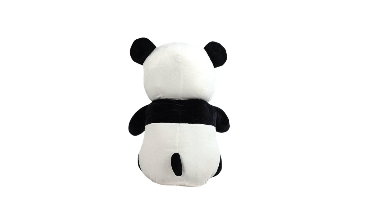 Black-and-white panda plush toy from back view, black band around neck