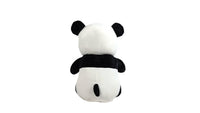 Black-and-white panda plush toy from back view, black band around neck