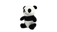 Black-and-white panda plush toy, sitting pose with arms and dark ears