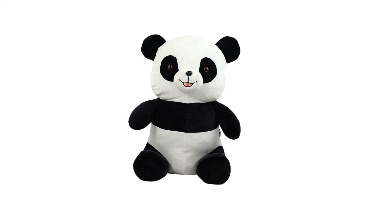 Black-and-white panda plush toy standing-like pose, smiling face and dark arms