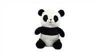 Black-and-white panda plush toy standing-like pose, smiling face and dark arms