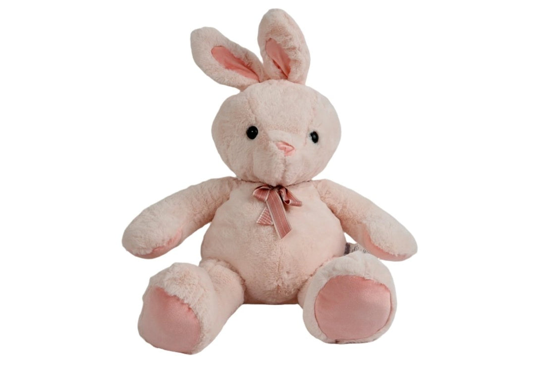 Plush bunny toy, soft pale pink fur, pink inner ears, satin ribbon bow