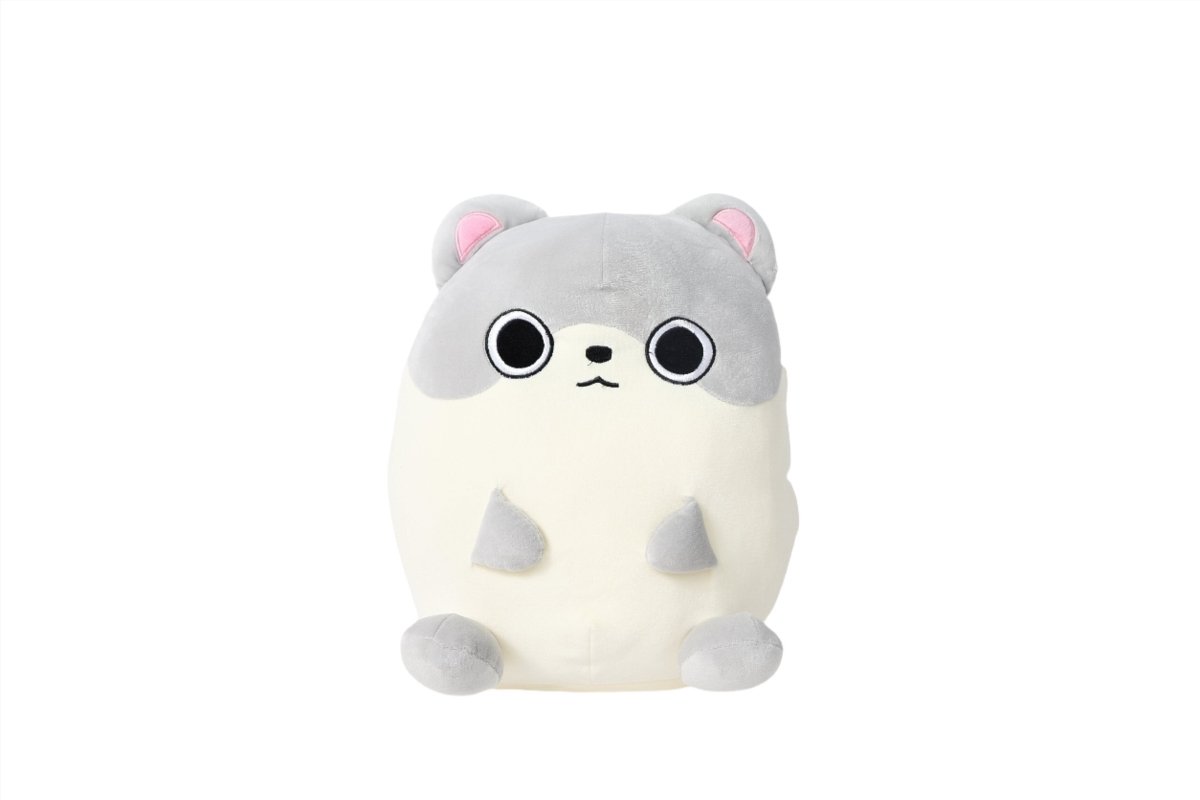 Gray and cream plush animal toy with big eyes, pink ears, and tiny paws