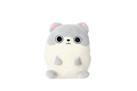 Gray and cream plush animal toy with big eyes, pink ears, and tiny paws