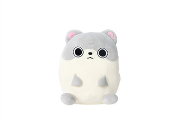 Gray and cream plush animal toy with big eyes, pink ears, and tiny paws