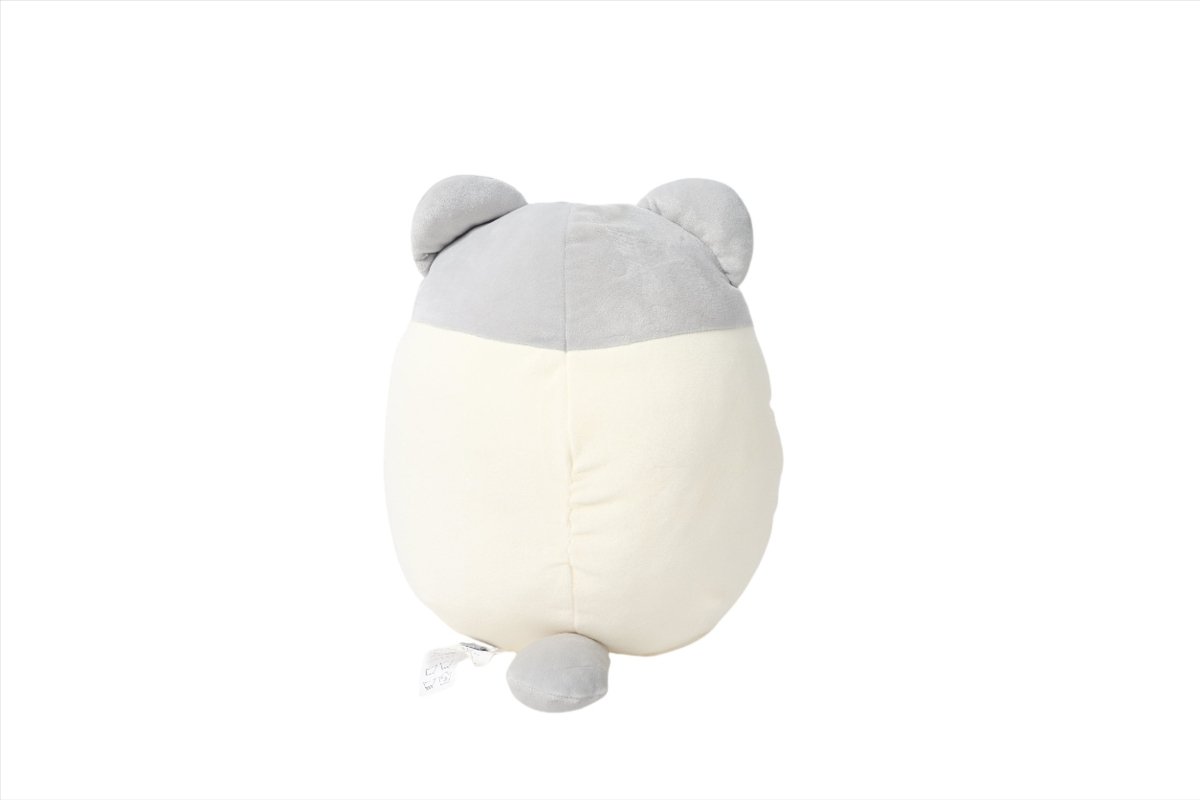 Gray and cream plush animal toy back view with rounded ears and stitched belly