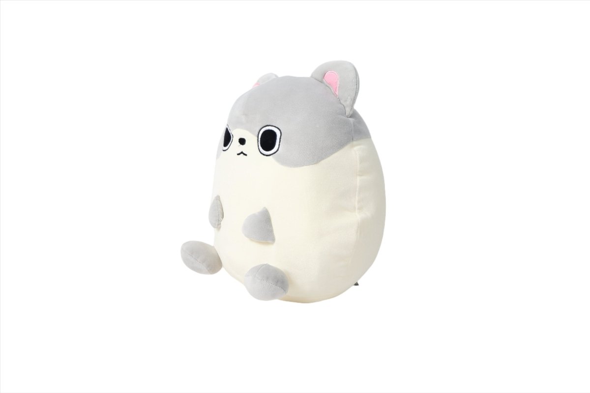 Gray and cream plush animal toy with cute face, whisker details, and small paws