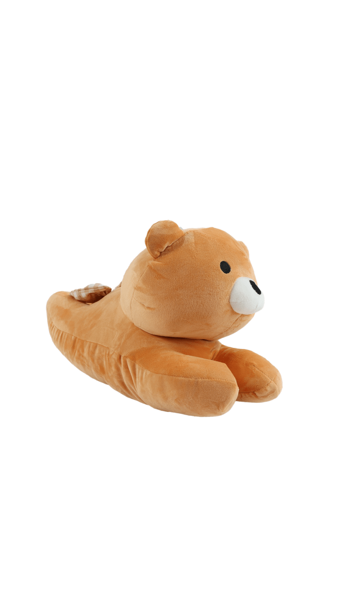 Beige-brown plush bear pillow with bear head and cushioned body