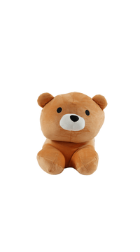 Brown plush bear pillow with smiling face and white muzzle, soft stuffed design