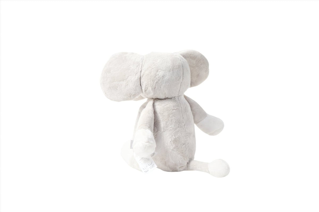 Plush elephant toy shown in side view, long trunk, and padded legs with feet