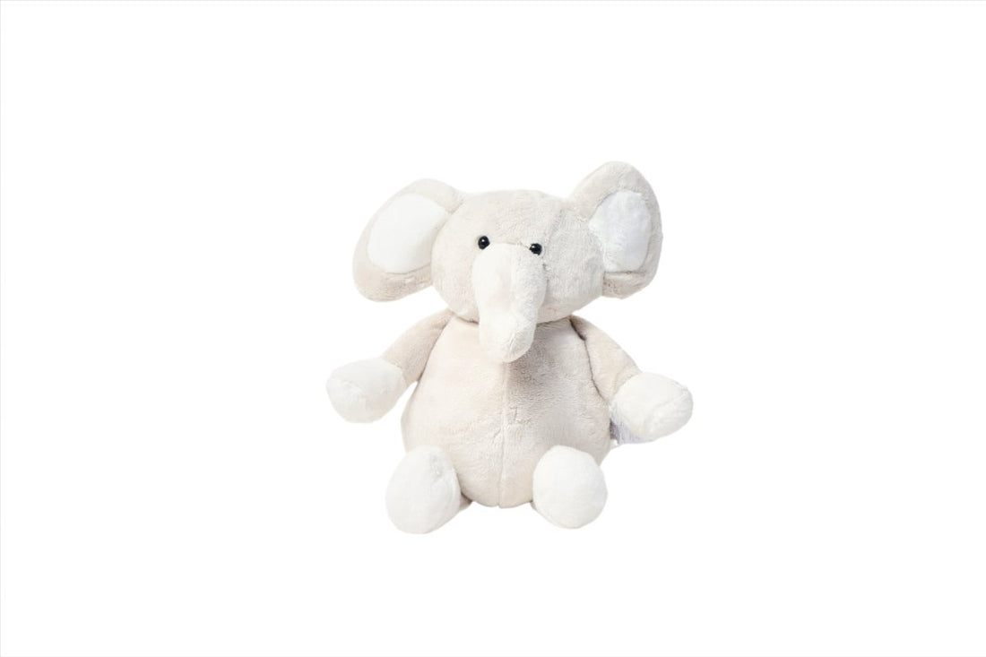 Plush elephant toy with soft gray-white fabric, floppy ears, and rounded feet