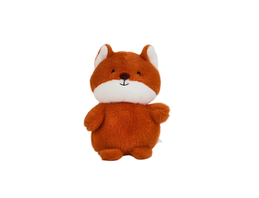 Rust-orange soft plush fox toy with white muzzle and chest, embroidered face