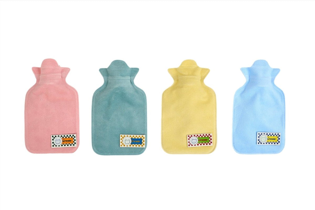 Soft plush hot water bottle set in pink, teal, yellow, and light blue