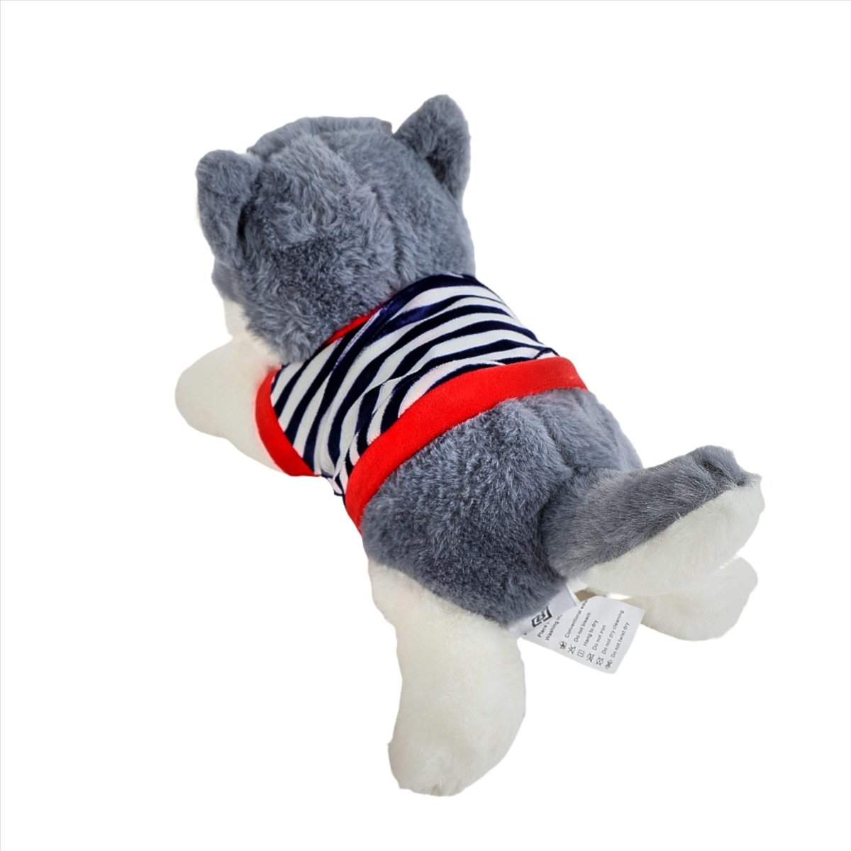 Plush husky puppy toy with gray fur, striped shirt and red collar, white paw tag