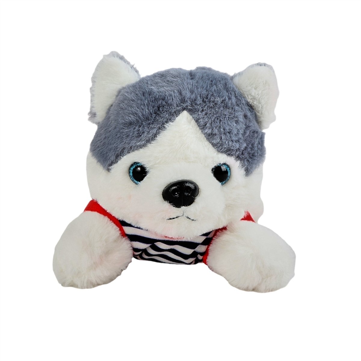 Plush husky puppy toy with blue eyes, gray-and-white face, striped shirt and red trim