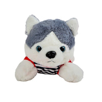Plush husky puppy toy with blue eyes, gray-and-white face, striped shirt and red trim