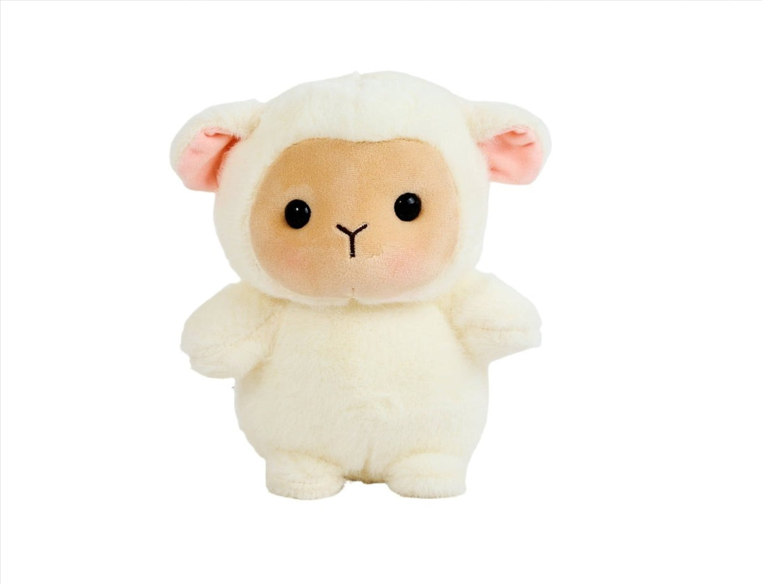 Cream plush lamb stuffed animal with tan face, black eyes, pink ears