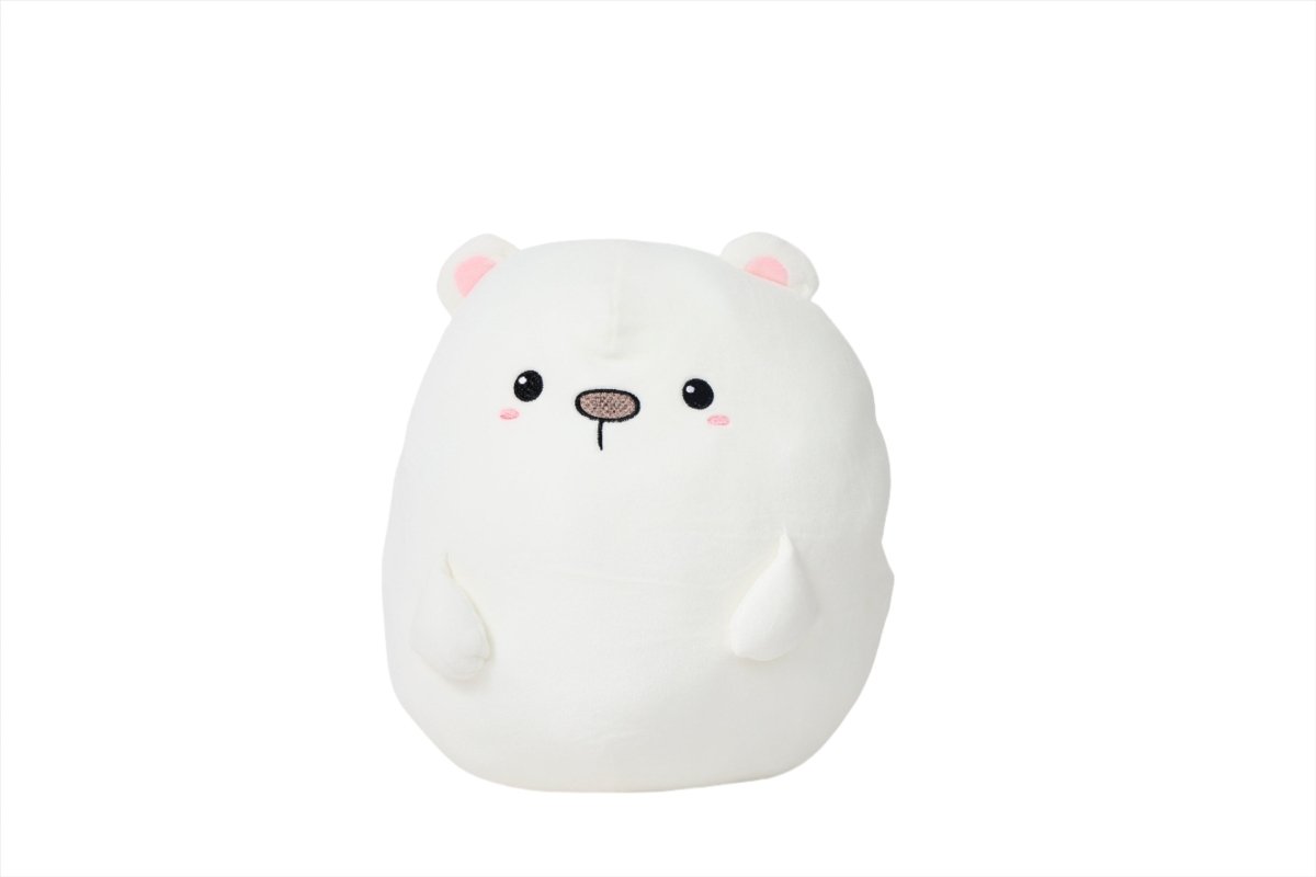 White plush polar bear toy with rounded body, stitched face, and pink inner ears