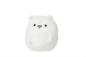 White plush polar bear toy with rounded body, stitched face, and pink inner ears