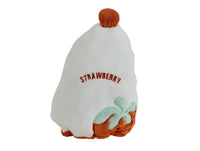 White strawberry-shaped princess hat with brown pom, STRAWBERRY text, and fruit applique