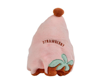 Pink strawberry-shaped princess hat with brown pom and STRAWBERRY embroidery, leaf applique
