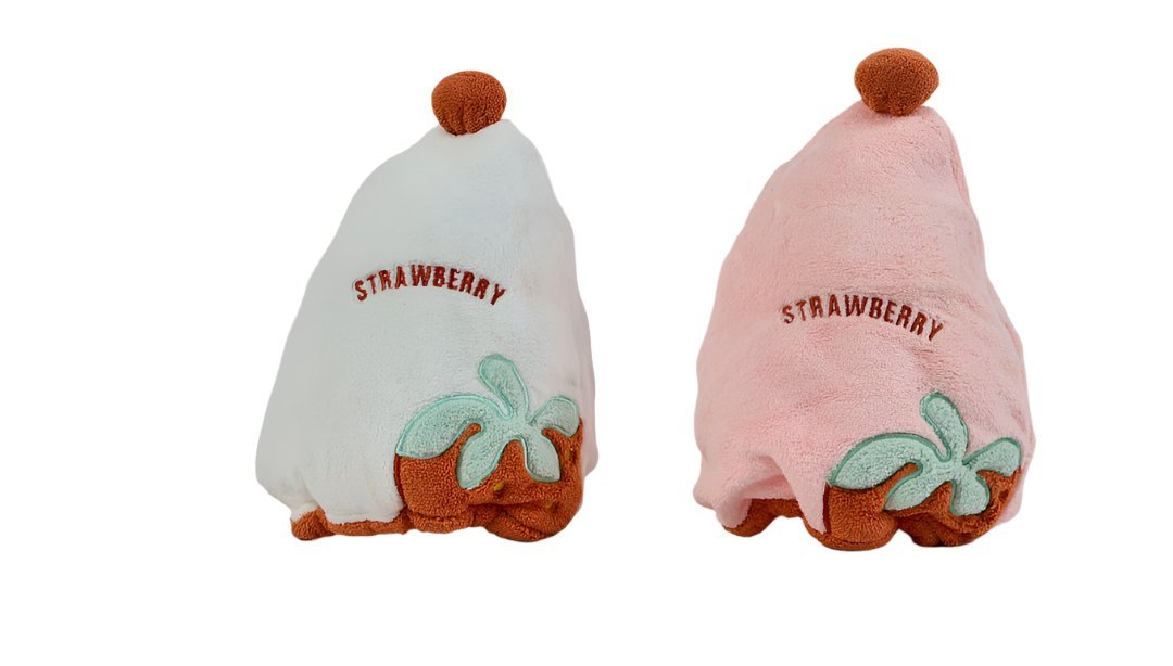 Strawberry-shaped princess hat set: white and pink, brown pom, STRAWBERRY embroidery