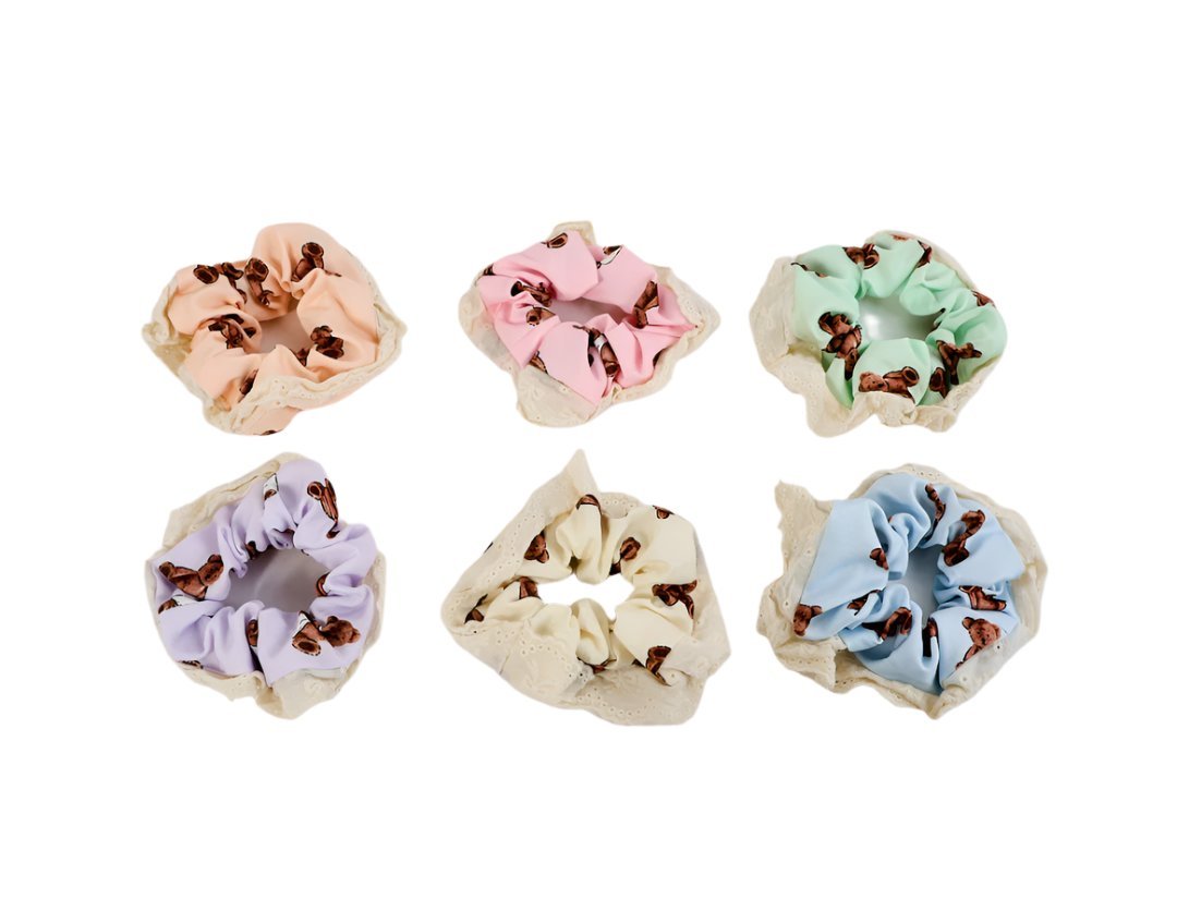 Hair Scrunchie with Bear Print and Lace Trim 7