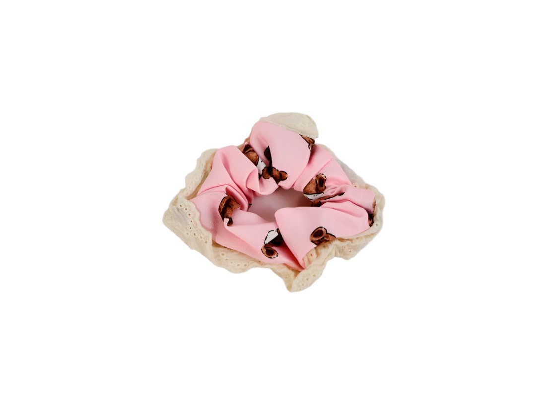 Hair Scrunchie with Bear Print and Lace Trim 4