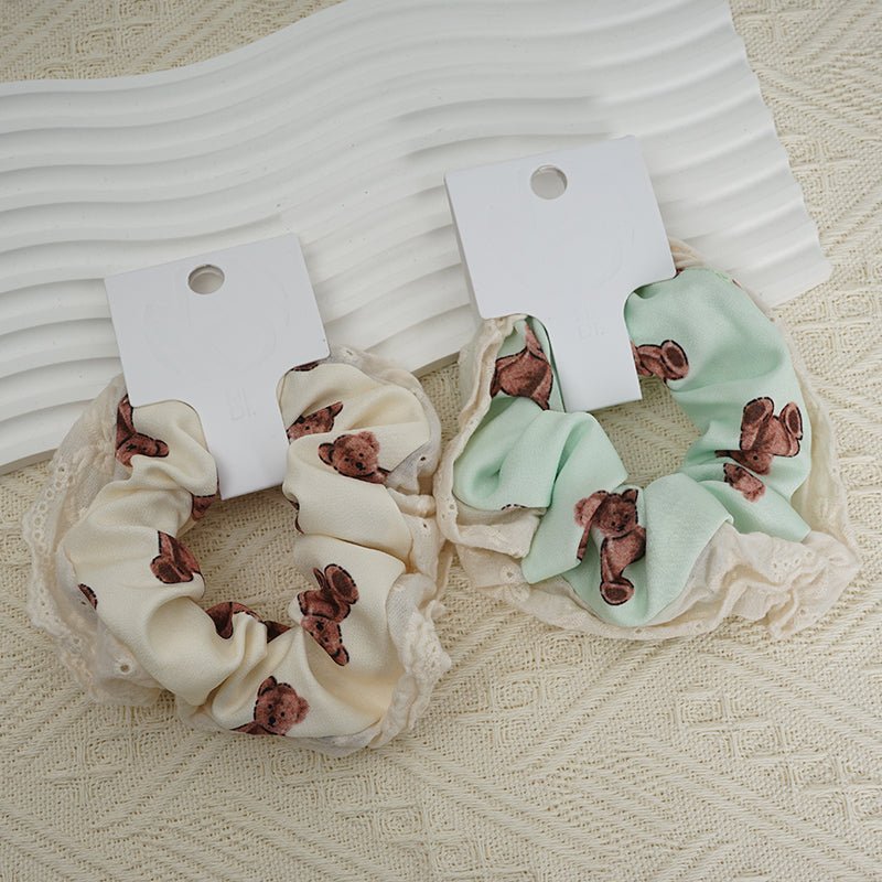 Hair Scrunchie with Bear Print and Lace Trim 11