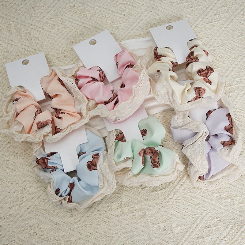 Hair Scrunchie with Bear Print and Lace Trim 10