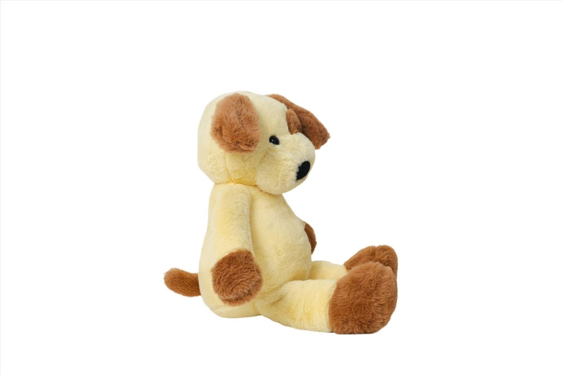Plush puppy toy seated on side view, light yellow fur with brown ears and paws