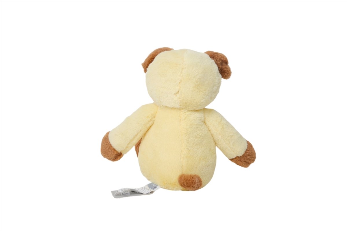 Back view plush puppy toy, light yellow body with brown ear patches and tail