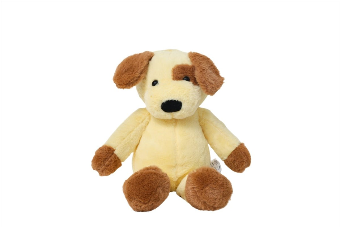 Soft plush puppy toy with light yellow body and brown ears, paws, and nose