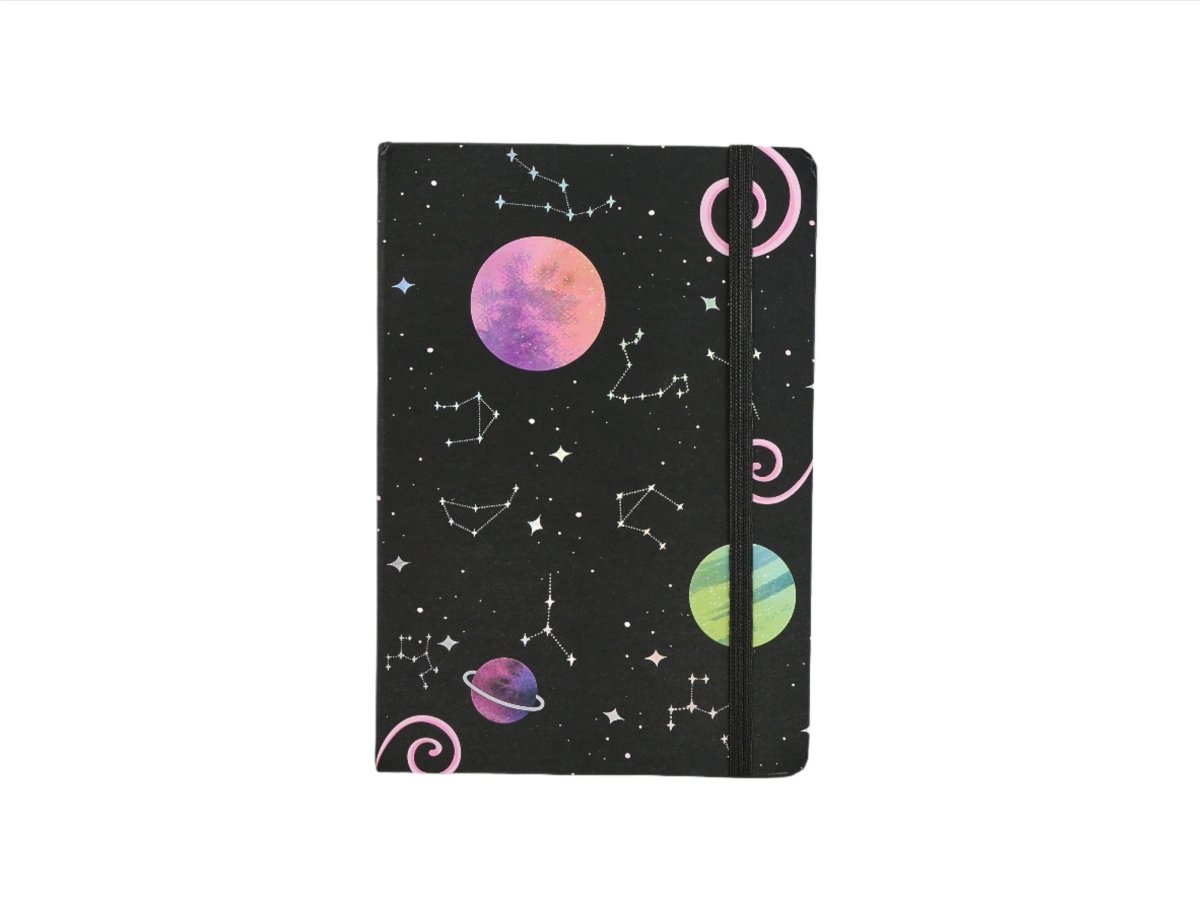 Space notebook, black cover with planets, stars, and moon icons