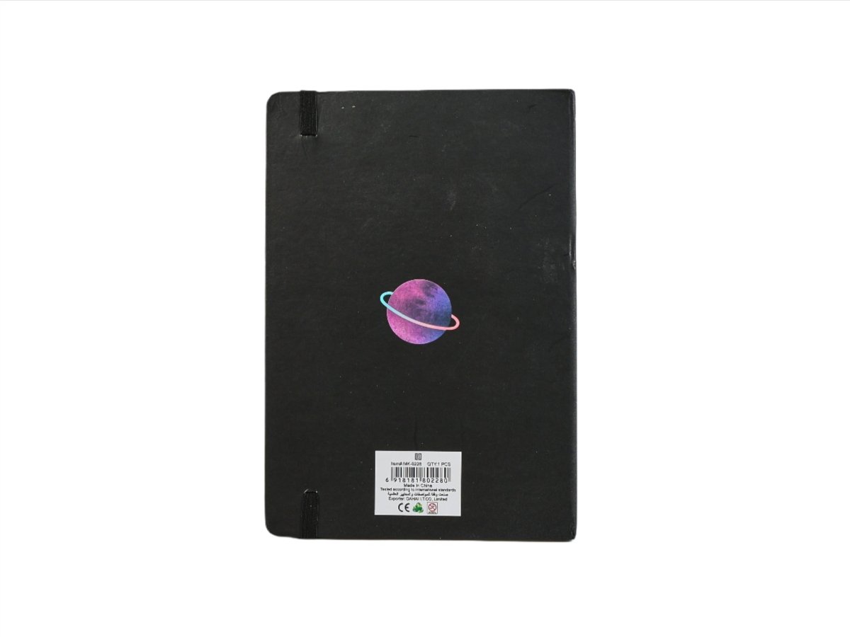 Black notebook back cover with small planet graphic and barcode label