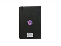 Black notebook back cover with small planet graphic and barcode label