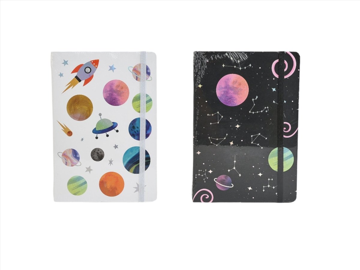 Set of space notebooks: white open cover and black cover with planets and moons