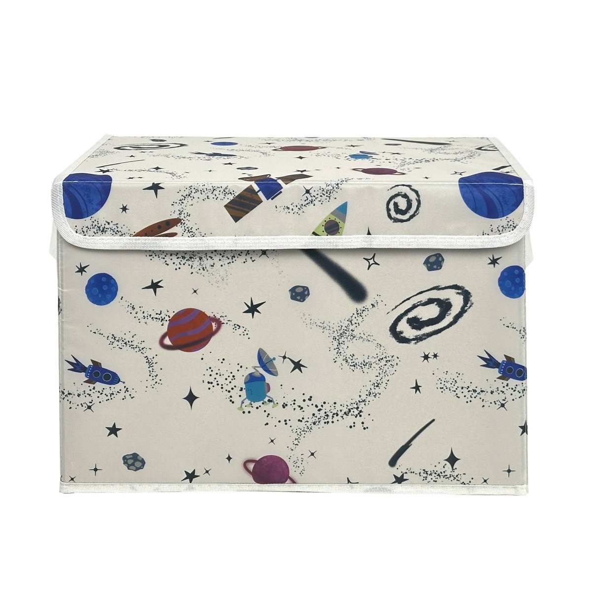 Foldable storage box lid closed, white space-themed print with planets and spiral icons.