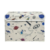 Foldable storage box lid closed, white space-themed print with planets and spiral icons.