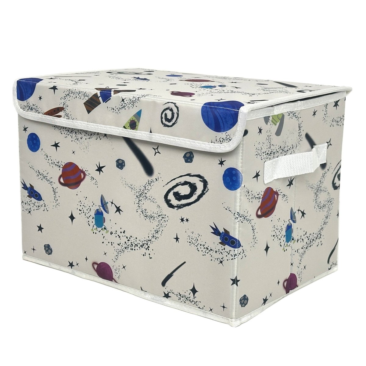 Foldable storage box with lid closed, white base with colorful space icons and carry handle tab.