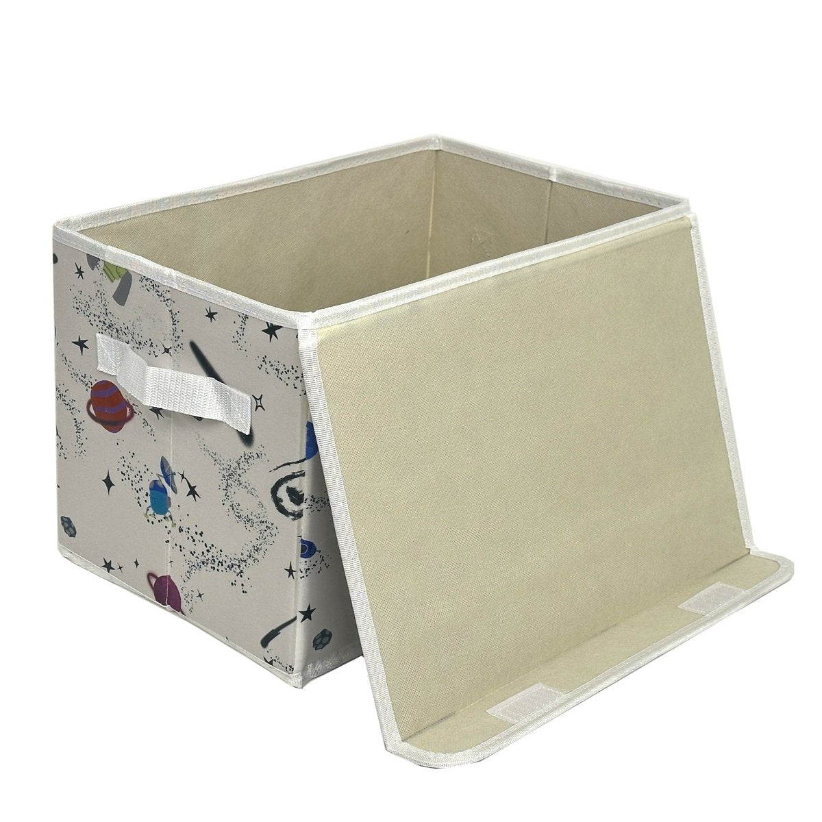 Foldable storage box partially open with beige interior, white space pattern and front handle.