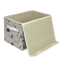 Foldable storage box partially open with beige interior, white space pattern and front handle.