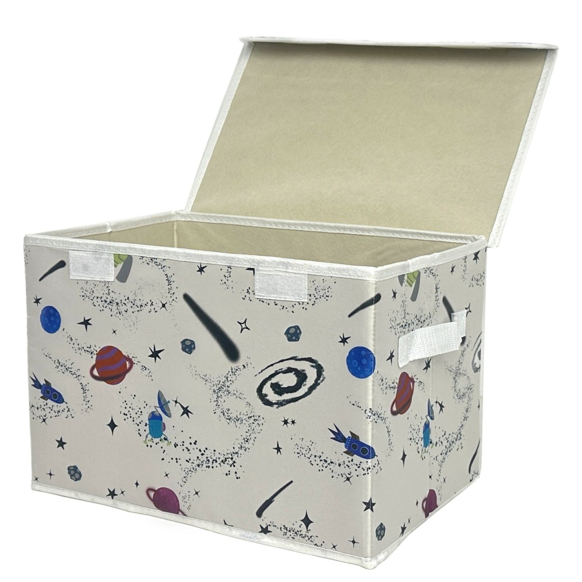 Foldable storage box with lid open, light beige interior and space print exterior with handle.