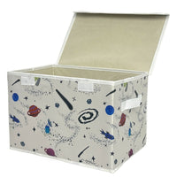 Foldable storage box with lid open, light beige interior and space print exterior with handle.