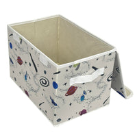 Foldable storage box with lid open, showing light interior and white space pattern with planets.