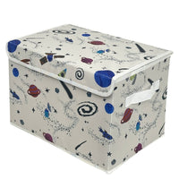 Foldable storage box with lid in white space print, blue planets and stars accents.