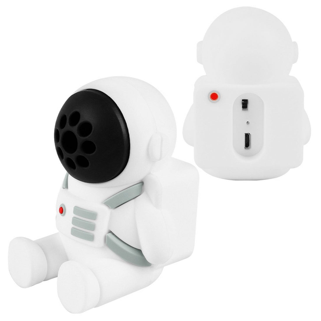 White astronaut Bluetooth speaker phone holder facing side view with port panel